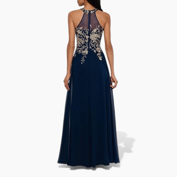 🌻NEW w/tag Betsy & Adam Embroidered Chiffon Halter A-Line Long Gown 10 - Picture 8 of 13